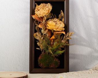 3D Wilted Peony Shadow Box Frame Vintage Floral Wall Decor Dried Style Peony Bouquet Art Personalized Wooden Engraved Gift Home DecorWallArt