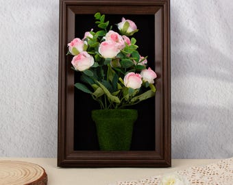 3D Artificial Rose Bouquet Frame, Wooden Shadow Box Wall Decor,Faux Flower Wall Hanging, Custom Engraved Floral Frame Gift,Rose Flower Frame