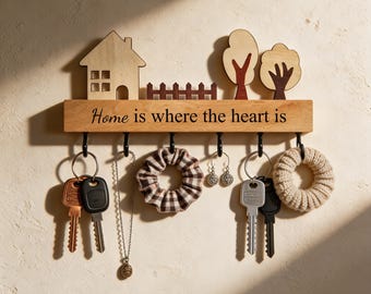 Custom Engraved Key Holder, Wooden Wall Shelf with Hooks, Entryway Organizer, Minimalist Farmhouse Key Rack, Personalized Home Gift