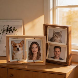 Personlig roterande dubbel fotoram, graverad träram, horisontell och vertikal display, 4x6 fotoram, minnesgåva för husdjur