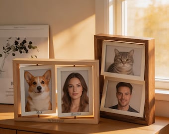 Personalized Rotating Double Photo Frame Custom Engraved Wooden Picture Frame Horizontal & Vertical Display 4x6 Photo Frame Pet MemorialGift