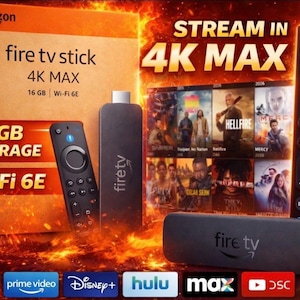 Puede incluir: Un Fire TV Stick 4K MAX de Amazon, con 16 GB de almacenamiento y Wi-Fi 6E. La imagen muestra el dispositivo de streaming, el mando a distancia y la caja. Se muestra el texto "Stream in 4K MAX". Logos de Netflix, Prime Video, Disney+, Hulu y Max.