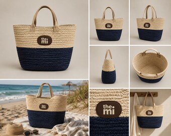 Torba ze słomy z logo mi | Ręcznie tkana torba w stylu boho, neutralny owalny wzór
