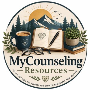 May include: A circular logo featuring a mountain landscape with a sun, pine trees, and birds. In the foreground, a dark blue mug with a heart, an open notebook with a heart drawing, a pen, glasses, and a potted plant on books. Text reads MyCounseling Resources and Tools for healing. Support for growth. Resources that matter.