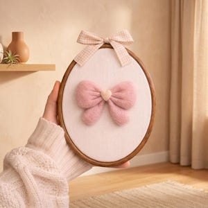 Needle Felted Pink Bow Heart Embroidery Hoop Art, Soft Wool Bow Wall Hanging