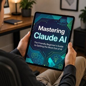 May include: A person holding a tablet displaying the title "Mastering Claude AI" in white and teal. The subtitle reads "The Friendly Beginner's Guide to Getting the Most Out of AI". The tablet has a black bezel and a teal and blue circuit board design.
