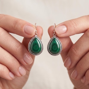 Malachite Teardrop Earrings, 925 Sterling Silver Dangle Earrings, Green Gemstone Jewelry, Handmade Gift for Women