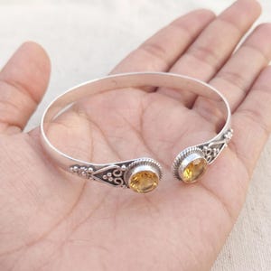 Citrine Gemstone Cuff Bracelet in 925 Sterling Silver, Handmade Open Bangle Bracelet, Yellow November Birthstone Jewelry Gift for Women