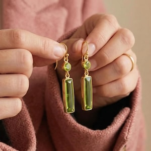 Peridot Dangle Earrings  Gold plated Drop Earrings  Green Gemstone Bar Earrings  Minimalist Long Earrings  August Birthstone Jewelry