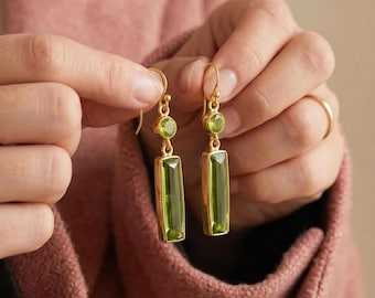 Peridot Dangle Earrings Gold plated Drop Earrings Green Gemstone Bar Earrings Minimalist Long Earrings August Birthstone Jewelry