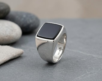 Black Onyx Signet Ring in 925 Sterling Silver Rectangle Black Stone Ring for Men Handmade Minimalist Statement Jewelry Gift