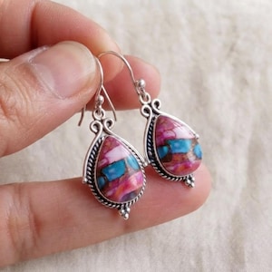 Pink Turquoise Gemstone Dangle Earrings Teardrop Statement Earrings Colorful Boho Silver Earrings Handmade Gift for Her