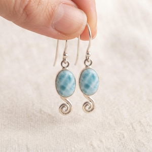 Larimar Earrings, 925 Sterling Silver Earrings Blue Larimar Dangle Earrings Oval Gemstone Earrings Boho Earrings for Women Gift