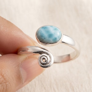 Larimar Adjustable Ring, 925 Sterling Silver Larimar Ring, Blue Gemstone Open Wrap Ring, Handmade Spiral Statement Ring, Gift for Her
