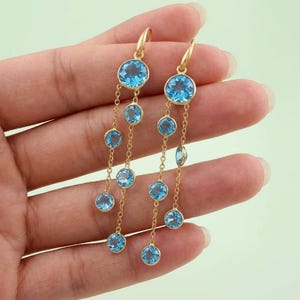 Blue Topaz Dangle Earrings Gold Plated Gemstone  Long Chain Drop Earrings Elegant Blue Stone Jewelry Gift for December Birthstone Earrings