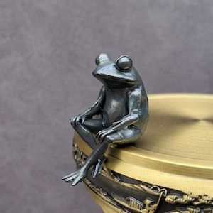 Funny Frog Figurine Desk Decor, Cute Sitting Frog Statue, Office Desk Companion, Mini Brass Animal, Gift for Coworker, Small Unique Gift