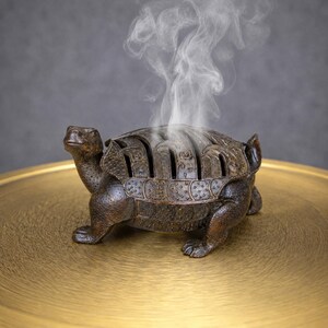 May include: A dark brown metal incense burner shaped like a turtle with a textured shell featuring cut-out slits. Wisps of white smoke rise from the top of the shell, which is designed with intricate patterns and small raised dots on its surface.