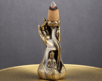 Messing guanyin terugstromen wierookbrander, lotus handwierookhouder, boeddhistisch altaardecor, meditatie heiligdom ornament cadeau