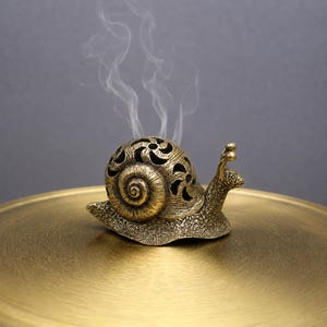 以下が含まれることがあります： 金属製のブロンズトーンのカタツムリ型香炉。質感のあるボディと、複雑な切り抜き模様が施された殻が特徴です。殻の上部からは白い煙が立ち上っており、内部で香が焚かれていることを示しています。