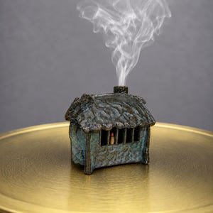 Peut inclure: Un petit brûleur d'encens en céramique en forme de maison avec une finition bleu foncé et bronze. La structure présente un toit texturé, une cheminée dégageant de la fumée blanche et une fenêtre révélant un petit objet de couleur claire.