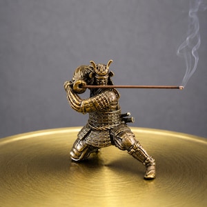 Brass Samurai Incense Holder, Japanese Warrior Statue, Ninja Armor Figurine, Zen Desk Decor, Samurai Gift for Him, Housewarming Gift
