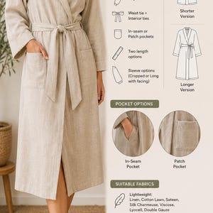 Può includere: Un cartamodello per vestaglia a portafoglio beige con vestibilità rilassata, maniche raglan, lacci in vita e due opzioni di lunghezza. Il grafico include dettagli per tasche a filetto o applicate, tessuti consigliati e taglie da XL a 4XL.