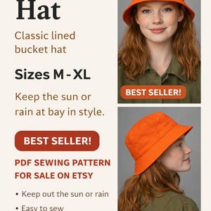 May include: An orange bucket hat, a classic lined style, is featured in this image. The text on the image reads "Bucket Hat" and "Sizes M-XL". The image also includes the text "Keep the sun or rain at bay in style."