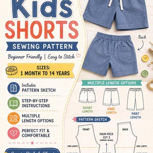 Può includere: Un modello di cucito per pantaloncini per bambini, con più opzioni di lunghezza e uno schizzo del modello. Il design è adatto ai principianti e include taglie da 1 mese a 14 anni. L'immagine mostra pantaloncini blu e diagrammi del modello.
