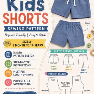 Molde para Calça de Pijama em PDF | Molde para Shorts Infantis | Molde para Calça de Pijama Unissex | Molde Fácil para Iniciantes | Molde Imprimível A0 e A4