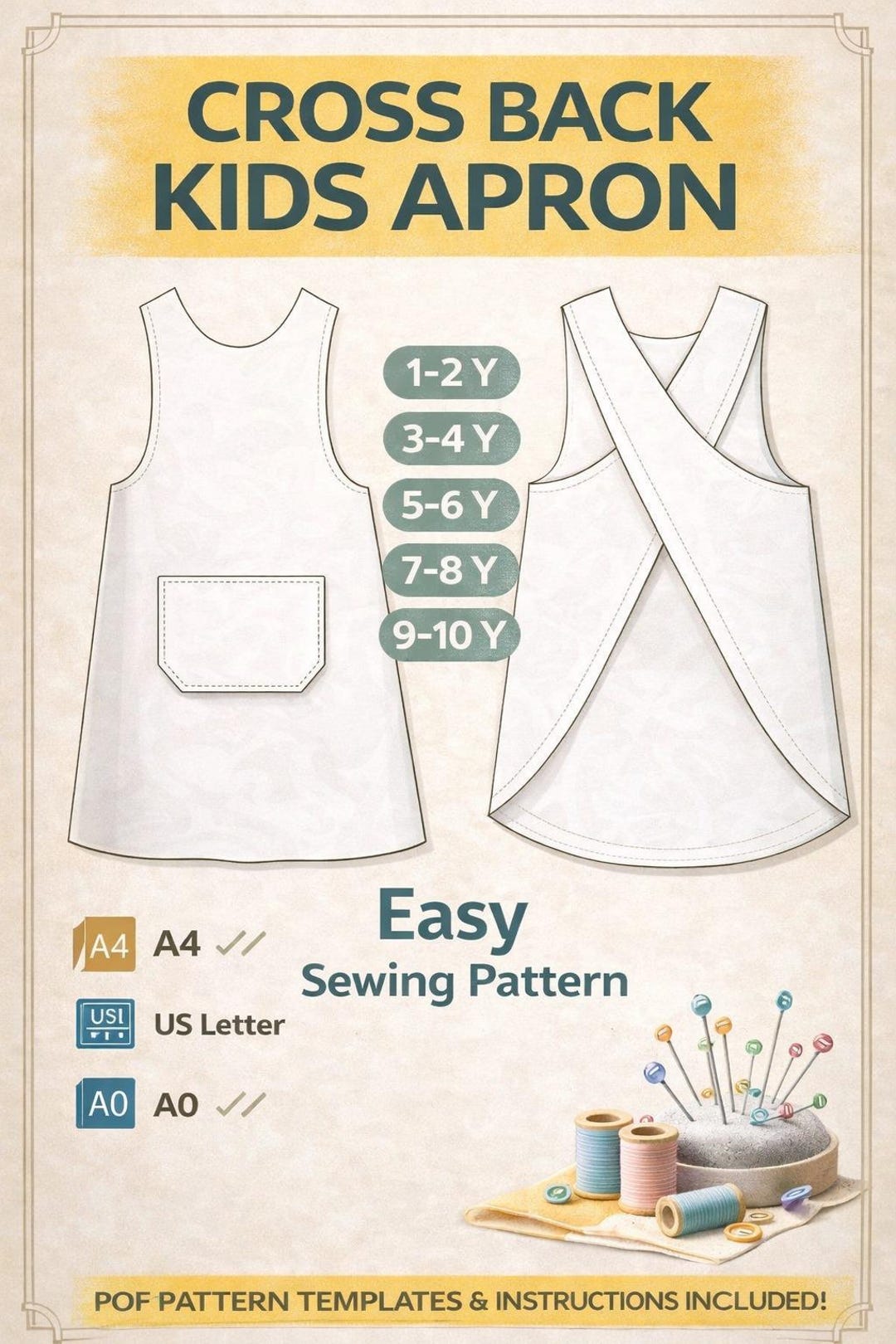 puffin kid's apron pdf sewing pattern (4 sizes) - etsy... Cross Back Kids Apron Sewing Pattern | PDF Pattern A0 A4 US Letter ...