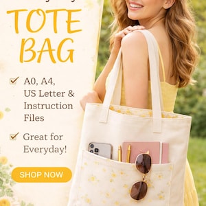 May include: A cream tote bag with a floral pocket, held by a woman in a yellow dress. The bag contains a phone, pens, sunglasses, and a notebook. Text on the image reads "Perfect Everyday TOTE BAG".