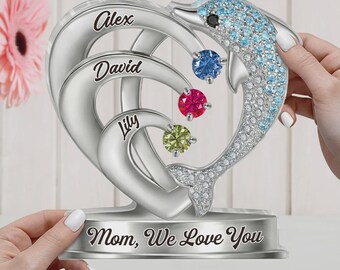 Personalized Mom Dolphin Heart Acrylic Plaque with Names, Birthstone Family Gift for Mom, Custom Mother’s Day Gift from Kids