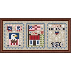 May include: Cross-stitch design featuring patriotic imagery. The design includes an American flag, a house, an eagle, and the text "USA FOREVER" and "250". The color palette includes red, white, blue, and tan.