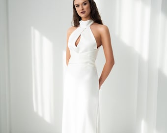 Minimalist Halter Neck Wedding Dress | Open Back | Draped Train | Ivory Crepe Gown (Made England)