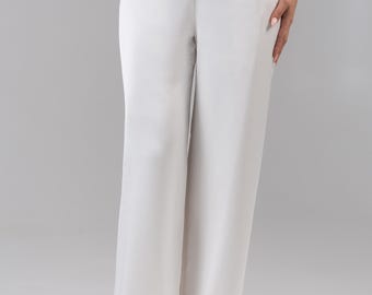 Ivory Wide Leg Bridal Trousers | High Waist Satin Wedding Pants | Made in England