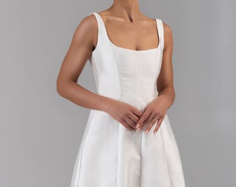 Square Neck Mini Wedding Dress | Ivory Mikado Fit & Flare Short Bridal Dress