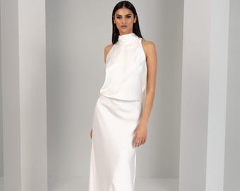 High Neck Draped Wedding Dress | Ivory Satin | Open Back Bridal Gown | Made in England