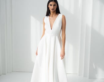 Deep V-Neck A-Line Wedding Dress | Sleeveless Ivory Mikado Gown | Made in England