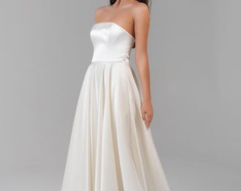 Strapless Corset Wedding Dress | Duchess Satin Tulle | Cape, Top, Pockets (Made in England)
