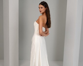 Strapless Lace Wedding Dress | Minimalist Bridal Gown, Fitted Silhouette (Made in England)