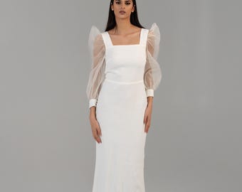 Organza Puff Sleeve Wedding Dress | Square Neck Bridal Gown | Pearl Button Cuffs (Made England)