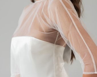Sheer Tulle Bridal Top | 3/4 Sleeves | Open Back Wedding Topper | Pearl Button