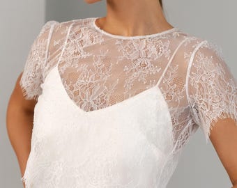 Sheer Lace Bridal Crop Top | Short Sleeve Open Back Wedding Top | Made in England