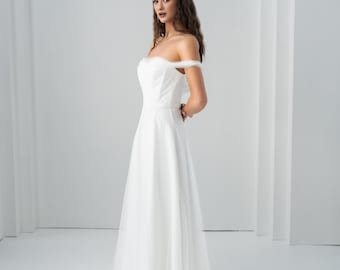 Off Shoulder Tulle Sleeve Wedding Dress | Ivory A-Line Romantic Bridal Gown