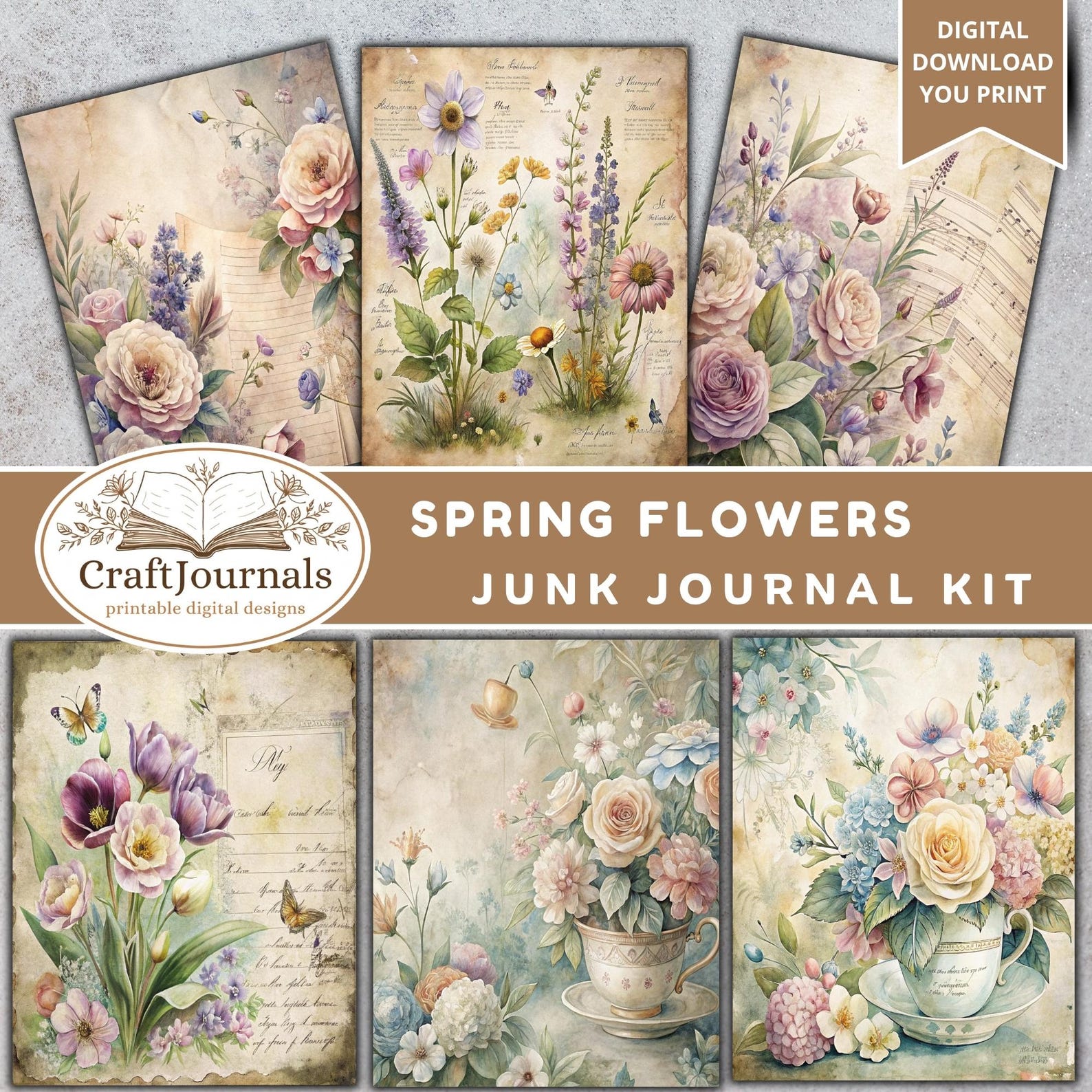 Spring Floral Junk Journal Kit 125 Pages Vintage Botanical Flowers ...