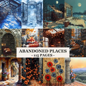 May include: A collection of digital art prints featuring various abandoned places. The images include scenes of greenhouses, libraries, and outdoor settings, with a sleeping fox in some. The text "ABANDONED PLACES - 115 PAGES -" is displayed.