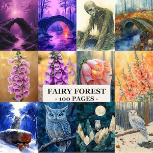 May include: A collection of watercolor illustrations with a fairy forest theme. The images include a stone bridge over a river, a creature, foxgloves, and owls. The text "FAIRY FOREST - 100 PAGES -" is displayed in the center.