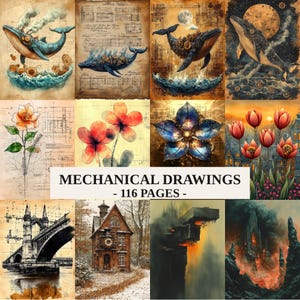 May include: A selection of vintage art prints with steampunk whales, floral designs, and architectural drawings. The prints have a sepia-toned background and include the text "MECHANICAL DRAWINGS - 116 PAGES -."