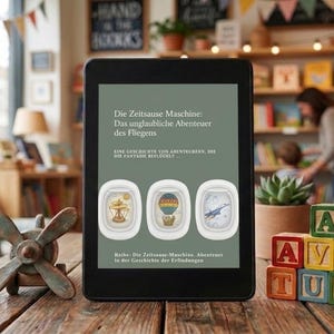 May include: An e-reader displays a book cover with German text, "Die Zeitsause Maschine: Das unglaubliche Abenteuer des Fliegens." The cover features three illustrations of travel-themed images. A wooden propeller and alphabet blocks spell "AVENTURA" are in the foreground.