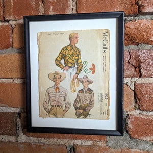 1956 Vintage Men&#39;s Western Shirt Pattern Authentic McCall&#39;s Pattern with Cowboy Western Illustration on sleeve framed in Black Wood Frame